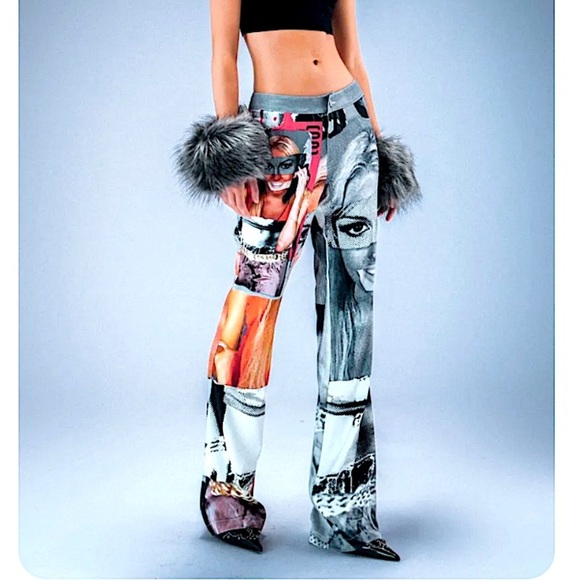 The Kript KRIPT Mugshot Flare Pants Silky New Patchwork Graphic Rare Baddie - Picture 2 of 15